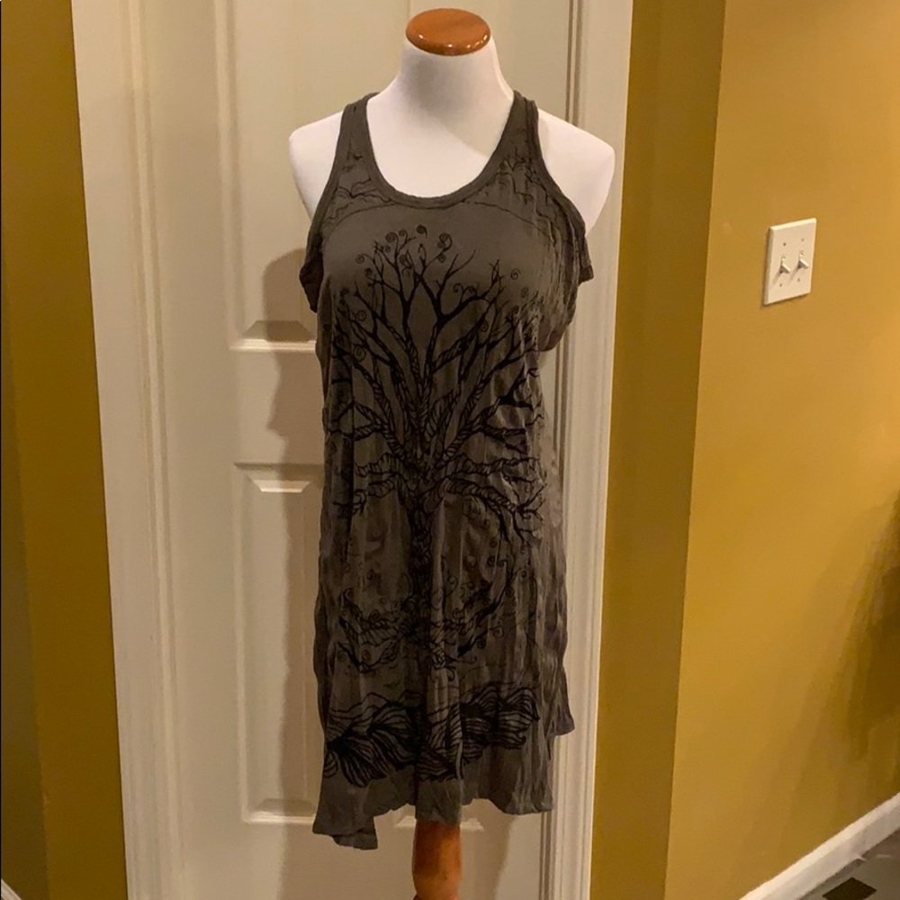 Olive green Tree of Life dress, handmade in Nepal